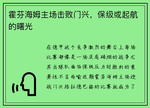 霍芬海姆主场击败门兴，保级或起航的曙光
