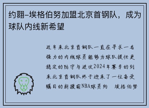 约翾-埃格伯努加盟北京首钢队，成为球队内线新希望